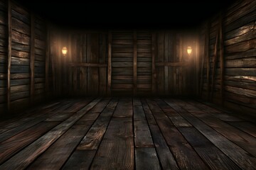 Wooden room with glowing lamps in the dark
