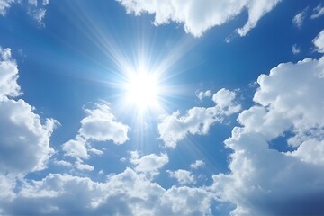 Naklejka na ściany i meble Blue sky background with tiny clouds and sun, Natural summer background