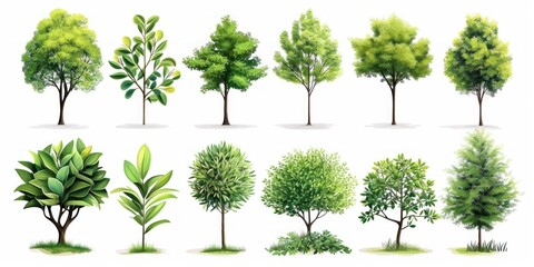 Trees collection set. Green plants with leaves, garden botanical vector