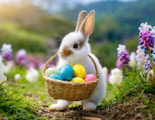 A bunny carrying a small basket of tiny Easter eggs, adding a cute and festive touch to the celebration.
