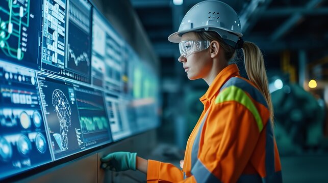 A Female Specialist Uses Industrial Electronics Design Software On A Computer Screen, Generative AI.