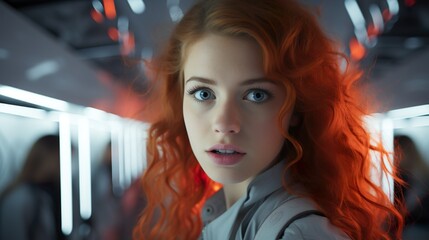 Surprised Red-Haired Woman in Futuristic Setting
