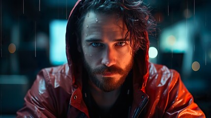 dark-haired man with beard in hood - a compelling close-up portrait