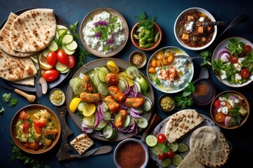 Top-down view Greek food background. Meze, gyros, souvlaki, fish, pita, greek salad,  - obrazy, fototapety, plakaty
