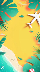 Fototapeta na wymiar Tropical Beach Vacation Concept with Airplane, Palm Leaves, and Sunny Ocean Background