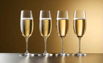 Four champagne glasses on a simple gold background, Valentine's Day, Christmas. Generative AI
