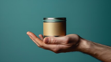 A hand holding a small tin container in hand against a green backdrop, mini container mockup with big copy space, Generative AI. - obrazy, fototapety, plakaty
