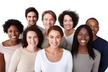 Various ethnicities smiling looking at camera on a white background  - obrazy, fototapety, plakaty
