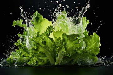 Vegetable poster, leafy greens, splash of water, solid color background,