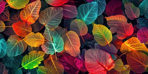 Fototapeta na wymiar Neon colorful leaves are strewn across a black background.
