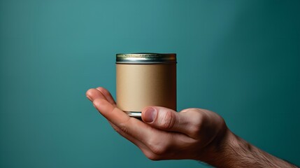 A hand holding a small tin container in hand against a green backdrop, mini container mockup with big copy space, Generative AI.