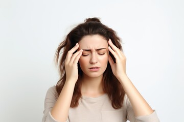 woman feeling unwell, suffering headache, touching temples, squinting from pain and headache,