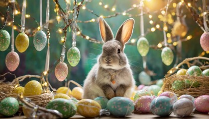 Fototapeta na wymiar A bunny surrounded by Easter egg garlands, creating a whimsical and cheerful atmosphere.