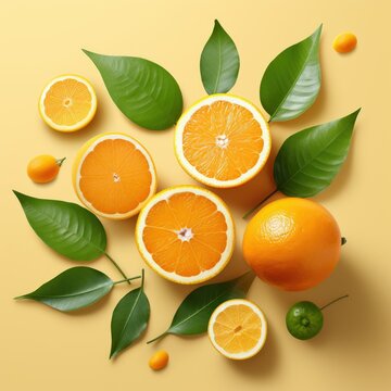 Image of juicy organic whole and halved oranges with leaves, Fresh orange and slice with leaves background, Close up AI generated