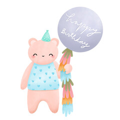 Happy bear holding big purple balloon for Birthday party