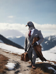 Generative AI Pigeon walking in a suit on a snowy mountain - obrazy, fototapety, plakaty