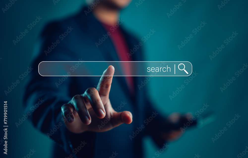 Leinwandbilder Data Search Technology, Search Engine Optimization. Man's hands use smartphone and touching on search bar to searching for data information. Using Search Console with your website..