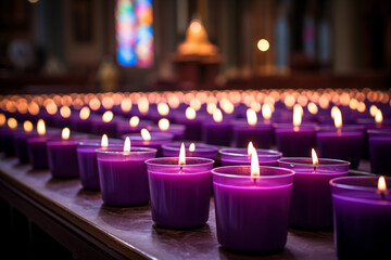 Ash Wednesday Purple Candles in a Church  - obrazy, fototapety, plakaty
