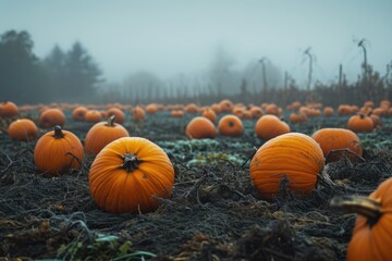 A mysterious and foggy pumpkin patch with pumpkins of various sizes