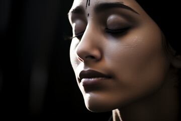 portrait of woman with ash cross on forehead praying on Ash Wednesday