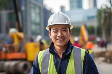 Young Asian worker, smiling looking at camera with blurred construction site. 