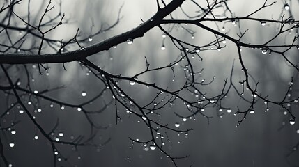 Nature's Sweeping Symphony: Rainy Day Water Droplets Adorn Old Tree Branches