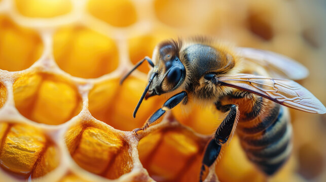 Close up of bee on honey nest in apiary - selective focus, copy space high detailed