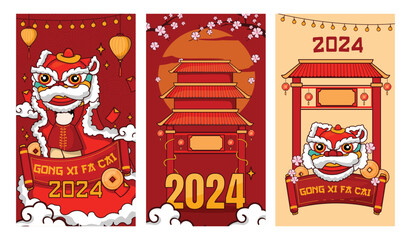 Chinese New Year 2024 year of the dragon concept. illustration Collection of Chinese New Year posters, and greeting cards with the Chinese zodiac dragon on a red background.