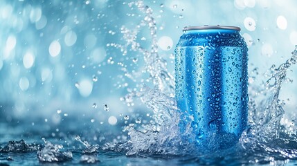A product pictorial mockup featuring a blue soda can and water cascading, space, Generative AI. - obrazy, fototapety, plakaty