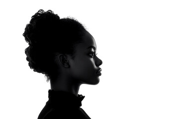 Dark silhouette of young african american woman on white background side view, the concept of anonymity.