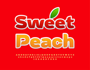 Vector bright template Sweet Peach with decorative Leaf. Orange stylish Font. Uppercase Alphabet Letters an Numbers set.