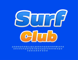 Vector touristic emblem Surf Club. Blue trendy Font. Set of modern Alphabet Letters and Numbers.