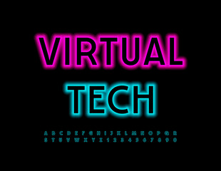 Vector techno poster Virtual Tech. Blue neon Font. Electric set of Alphabet Letters and Numbers.