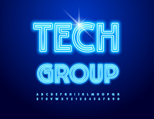 Vector neon glowing sign Tech Group. Bright illuminated Font. Blue Alphabet Letters and Numbers set