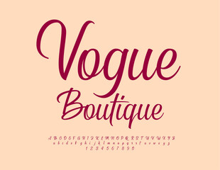 Fototapeta premium Vector stylish banner Vogue Boutique. Elegant calligraphic Font. Cursive Alphabet Letters and Numbers set.