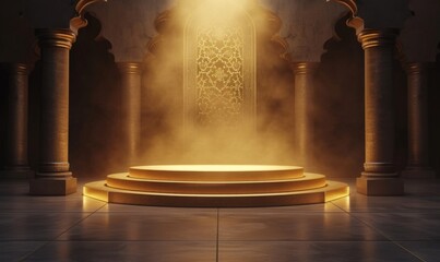 Ramadan Kareem themed stage with two lanterns and an empty podium for displaying festive products or Eid Mubarak greetings - obrazy, fototapety, plakaty
