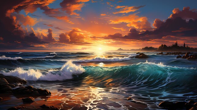 A breathtaking sunset over the cobalt blue ocean, painting the sky with vibrant hues