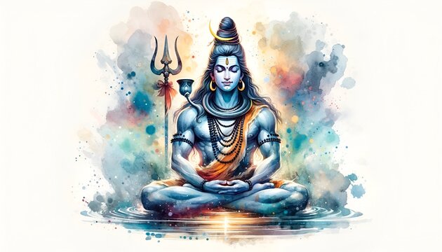 Illustration of a meditative lord shiva in watercolor style.