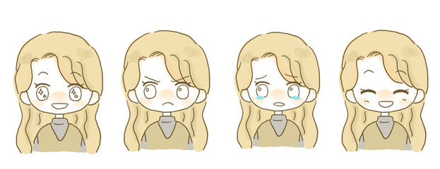 喜怒哀楽の表情を浮かべる女性のイラスト