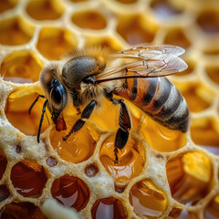 A hexagonal honeycomb, filled with golden honey, hangs from a branch in a buzzing beehive, as bees busily come and go, collecting nectar from colorful flowers, Metallic light