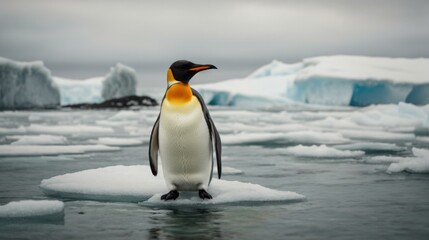 Obraz premium King penguin standing on ice floes in Antarctica. Generative AI.