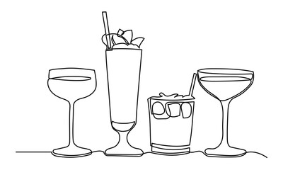 Single continuous line drawing of cocktail.line art exotic cocktail drinks vector doodle.Hand-drawn vector illustration.