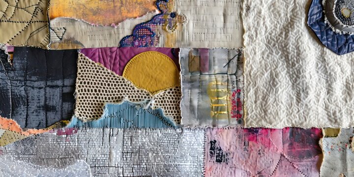 Mixed media thread collage featuring a plethora of textures and patterns, all presented in a minimalist design with meticulous hand stitching as a key element.