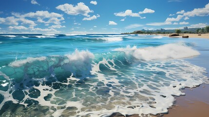 A breathtaking view of a cobalt blue ocean stretching to the horizon, with gentle waves lapping against the shore