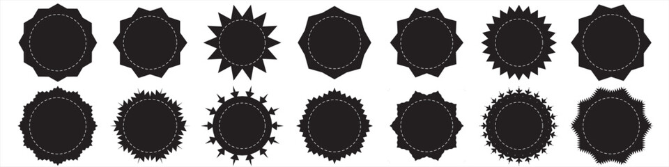 Set of vector starburst, sunburst badges. Simple flat style vintage labels, stickers, Sunburst price tags Black icons on white background.  12354