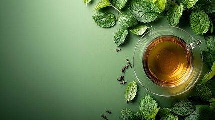 A transparent cup of fresh tea featuring peppermint stems on a green backdrop, space, Generative AI. - obrazy, fototapety, plakaty