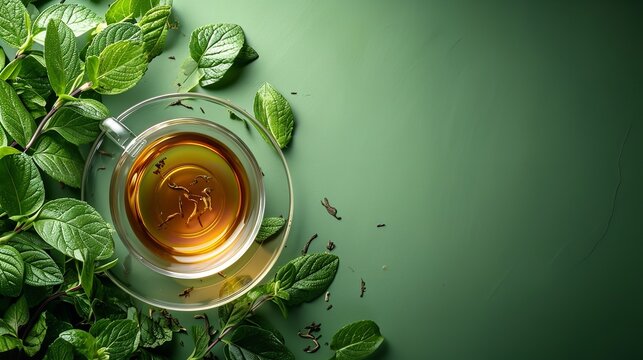 A transparent cup of fresh tea featuring peppermint stems on a green backdrop, space, Generative AI.