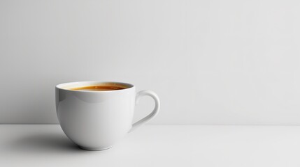 A white coffee cup set apart against a white backdrop with side view, big copy space, Generative AI.