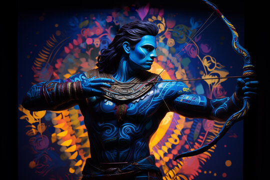 Colorful Lord Ram with bow and arrow on dynamic colorful background, Indian God, generative AI