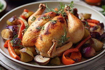 Roasted perfection. Succulent chicken with a medley of vibrant vegetables. A culinary delight, capturing the essence of savory goodness.